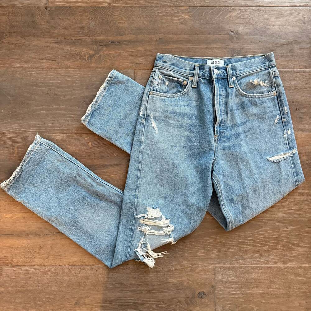 Agolde Indigo Blue 90’s Jean High Rise Straight Leg Distressed Boho ~ Size 24